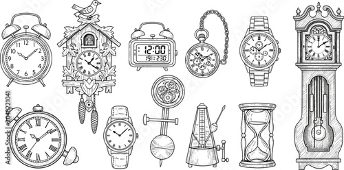 Foto Vintage Clocks and Timepieces Engraving Style Illustration Set with Cuckoo Clock