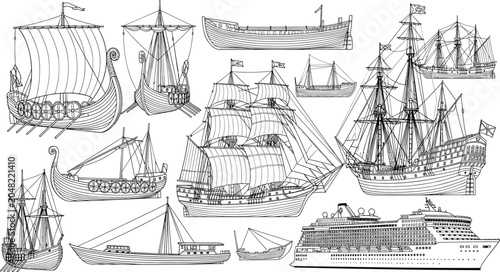 Foto Vintage Historical Ships Engraving Style Illustration Set with Viking Longships,