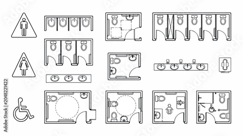 Public restroom floor plan icons, architectural toilet layout symbols for CAD and interior design, bathroom stalls and accessible washroom vector set