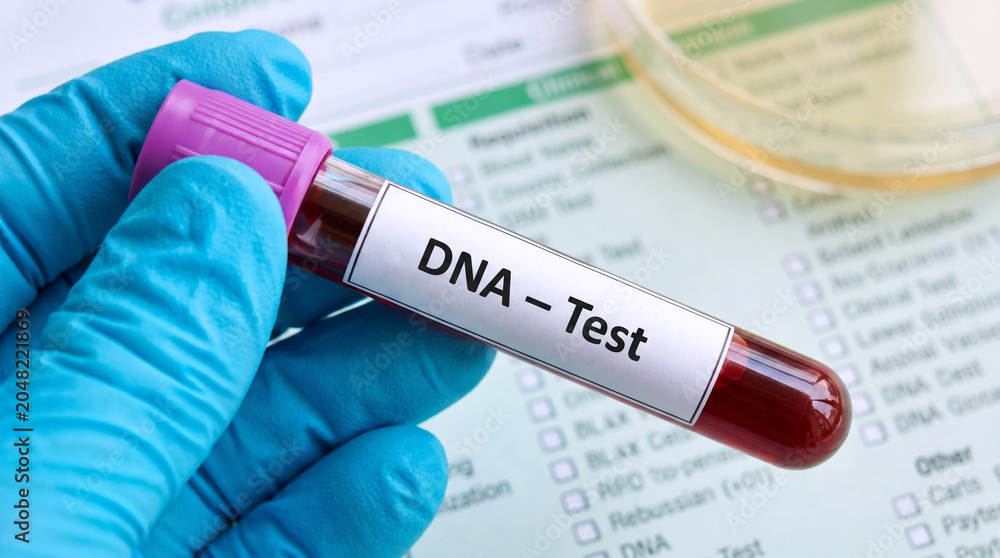 Obraz premium Gloved Hand Holding DNA Test Blood Sample Tube Over Medical Request Form
