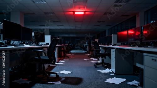 Abandoned office space with scattered papers and red lights