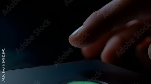 Close-up of finger pressing green button on electronic device
