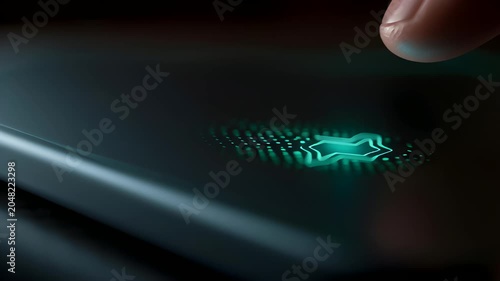 Close-up of Finger Touching Futuristic Biometric Sensor on Device