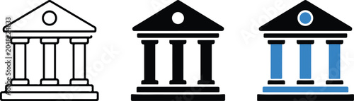 Set of bank building icons in three different styles