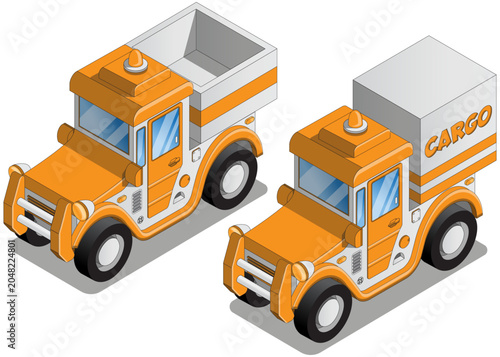 Set of vintage funny trucks. Isometric. Isolated on white background. Vector illustration. 