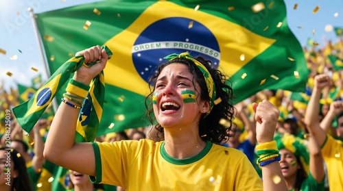 Brazilian Soccer Fans Cheering With National Flag.