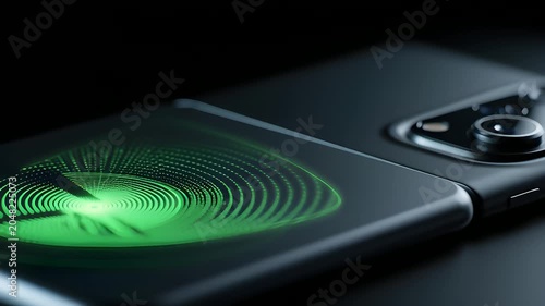 Close-up of modern smartphone with green holographic display