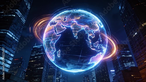 Glowing digital globe with network lines over dark urban skyline