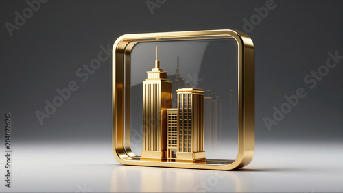 3D Golden City Skyscraper Icon in Glass Frame
