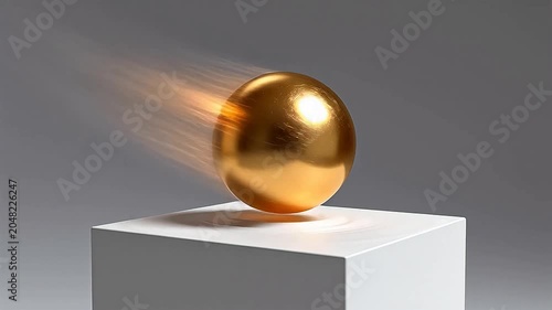 Golden metallic sphere with motion trails suspended over white cube