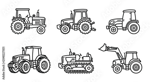 Quadro su tela Farm Tractors And Equipment Black And White Vector Illustration
