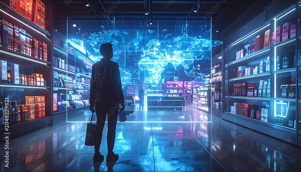Obraz premium Man looking at futuristic store display.