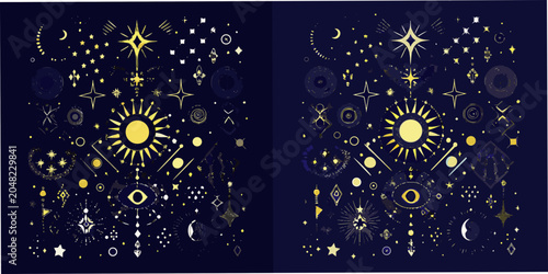 Tablou pe pânză Celestial pattern with sun moon and stars golden vector illustration