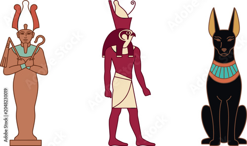 Obraz na plátně Ancient Egyptian deity vector set featuring Osiris Horus and sitting Anubis jackal illustrations for cultural education graphics