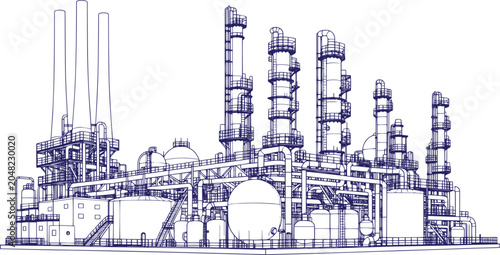 Schilderij op canvas Oil Refinery Industrial Complex with Pipelines, Storage Tanks and Chimneys – Tec