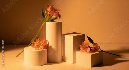 Product display podiums with alstroemeria flowers on a warm orange background