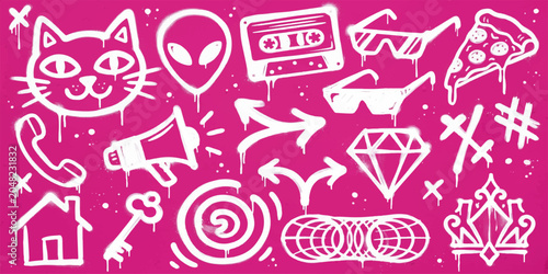 Urban Pop Art Collection: A vibrant assortment of stylized graffiti icons, including a cat, alien, cassette tape, sunglasses, pizza, and more, presented in a bold pink and white color palette.