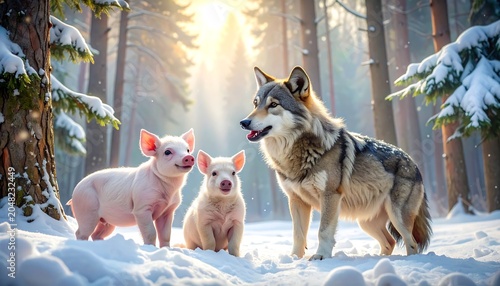 A wolf smiles at two piglets in the snow as the sun streams through the winter woods