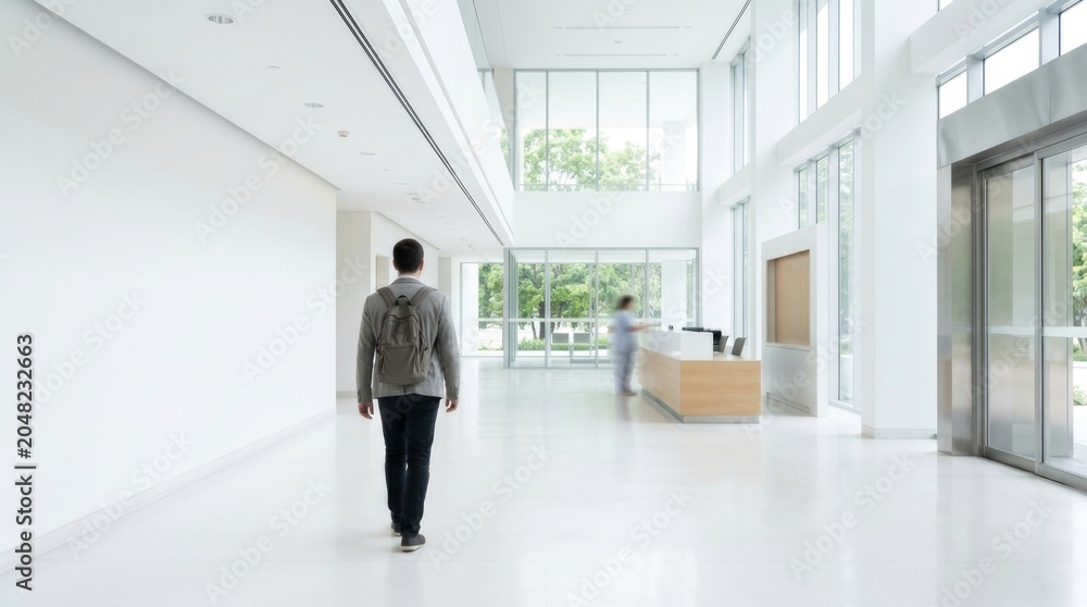 Fototapeta premium Modern Minimalist Hallway with Large Windows and Empty Reception Area