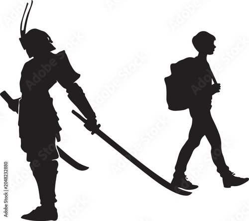 Cuadro en lienzo Boy with Backpack Walking with Samurai Warrior Silhouette Vector