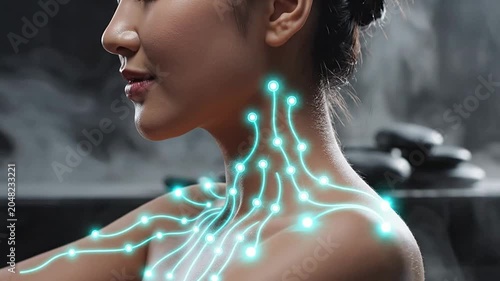 Serene Woman in Spa Environment with Glowing Neural Pathways on Shoulder Symbolizing Wellness and Relaxation