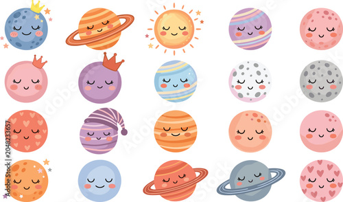 Tableau sur toile Cute sleeping planet vector set featuring cartoon solar system characters, smiling cosmic emoticons with crowns and nightcaps for celestial nursery room decor designs