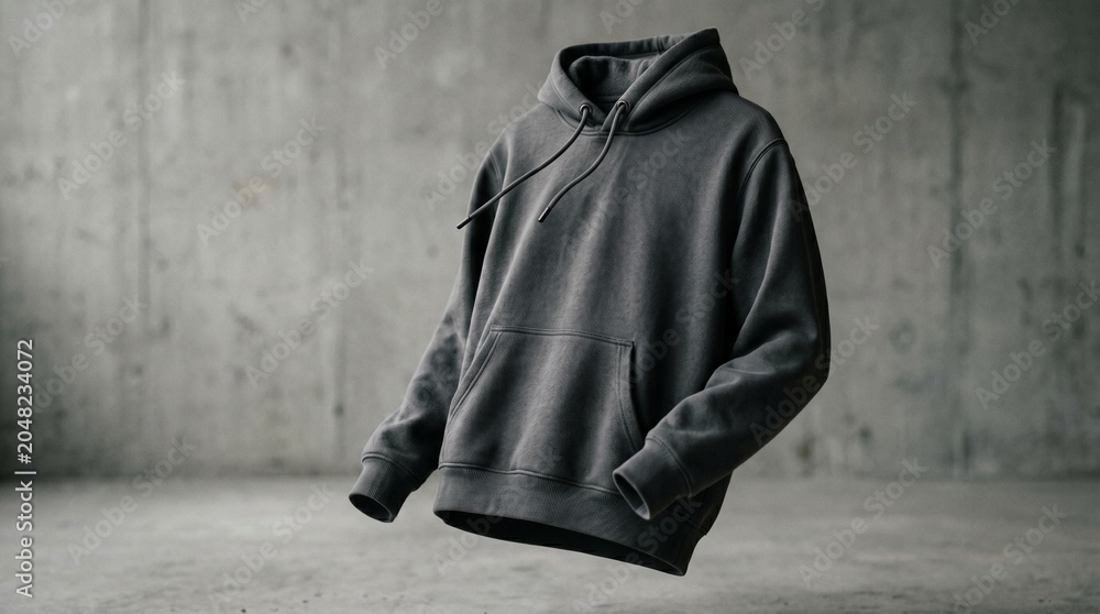 Naklejka premium Minimalist blank black hoodie mockup floating in empty concrete studio room