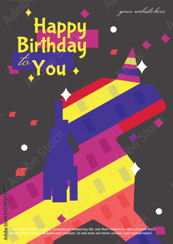 Happy Birthday Pinata Vector Greeting Card Template with Confetti and Party Decorations