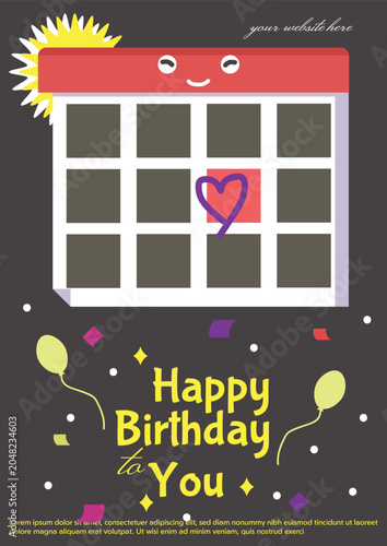 Birthday Reminder Calendar Greeting Card Vector Template with Celebration Elements