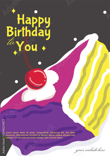 Birthday Cake Slice Greeting Card Vector Template with Sweet Dessert Celebration Theme