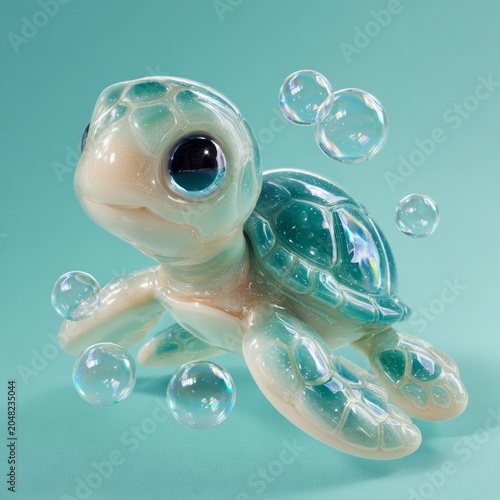 Cute Baby Sea Turtle Mascot with Bubbles
