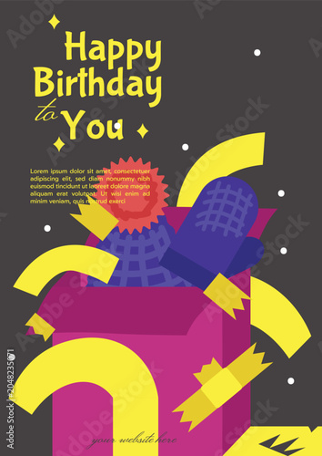 Happy Birthday Gift Box Greeting Card Vector with Party Decorations and Confetti