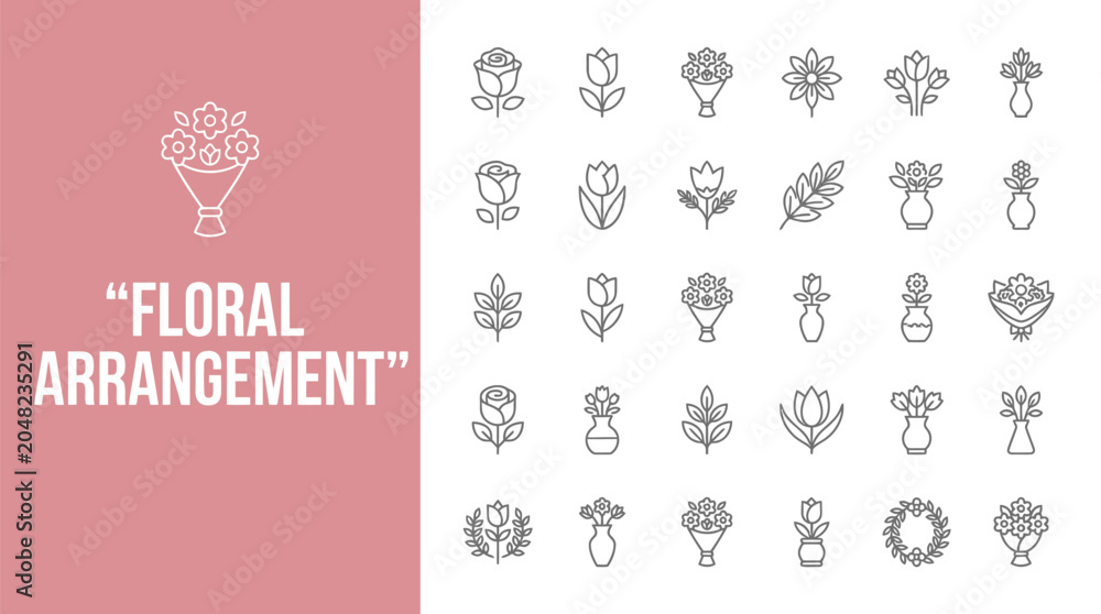 Naklejka premium Set of black and white line art icons depicting various floral arrangements and blooming flowers