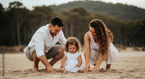 Joyful family holiday parents and toddler playing together on a sandy beach at sunset