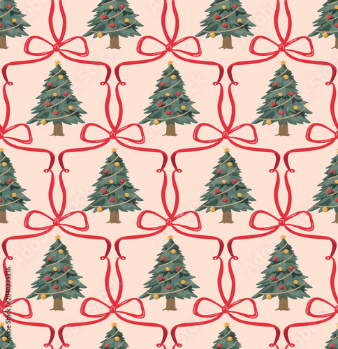 Christmas tree and red ribbon bow seamless pattern, elegant holiday background. can be used for Xmas wrapping paper, festive fabric textiles, wallpaper, winter gift packaging. Vector illustration