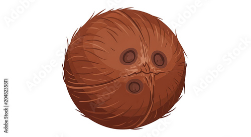 A large brown coconut with fuzzy outer shell and three dark brown eyespots on a plain surface