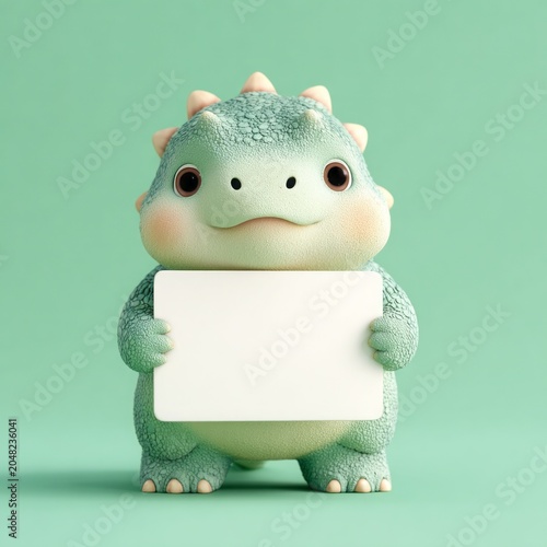 Cute Chubby Dinosaur Character Holding Blank Sign