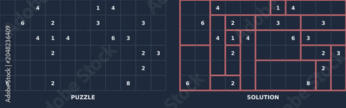 Quadro em tela Shikaku logic puzzle series with numbered grids and rectangle division solutions