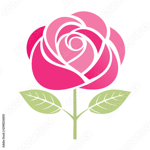 Stylized pink rose with green leaves on white background