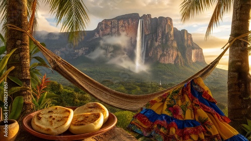 Hammock with arepas and joropo fabric overlooking waterfall, Venezuelan landscape and cuisine.