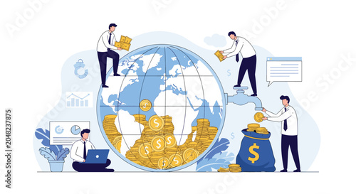 Global wealth and economic distribution concept showing business people managing money flow from a transparent earth globe with coins.