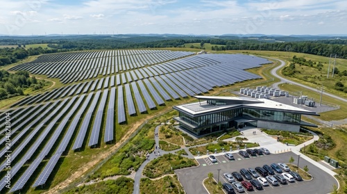 Aerial view of large solar farm with modern office building