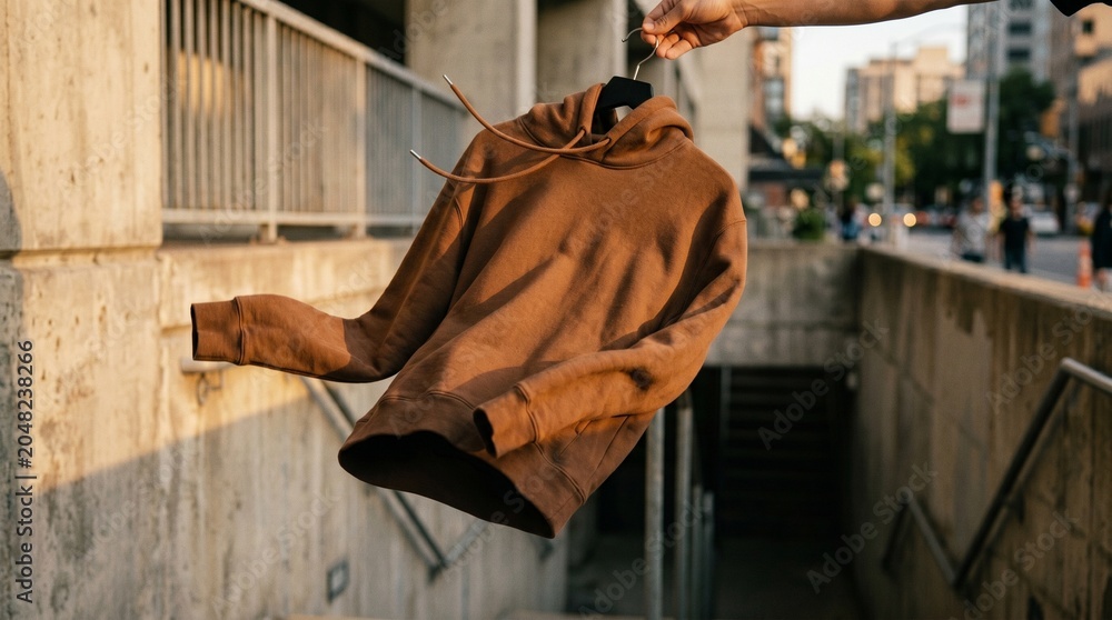 Obraz premium Dynamic shot of a stylish brown pullover hoodie, held by a hand and floating against a gritty urban concrete backdrop, capturing contemporary street fashion
