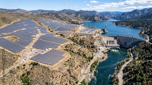 Large solar farm and hydroelectric dam in mountainous river valley