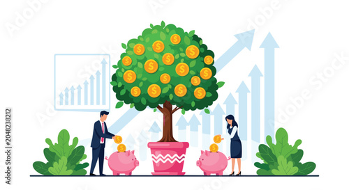 Financial planning and investment growth concept showing a man and a woman saving coins in piggy banks under a money tree.