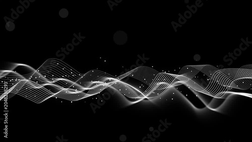 Abstract soundwave lines background with particle dots neon digital audio visualization animation