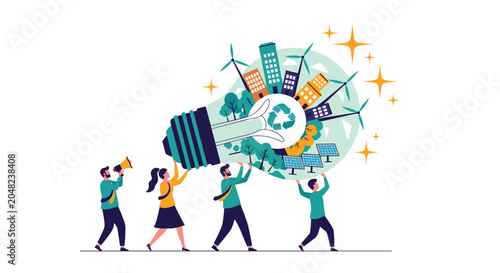Collaborative team carries a large lightbulb filled with renewable energy symbols like wind turbines and solar panels for sustainable future.