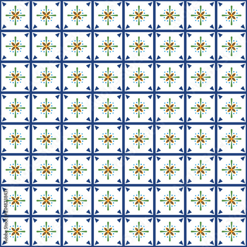 Geometric Floral Tile Seamless Pattern with Decorative Mediterranean Motif