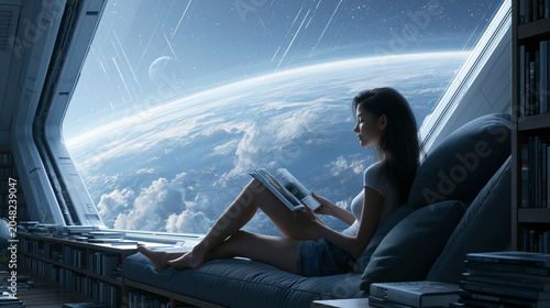 Young woman sits on a comfortable sofa and reads a book inside a futuristic room with a large window overlooking planet earth in outer space