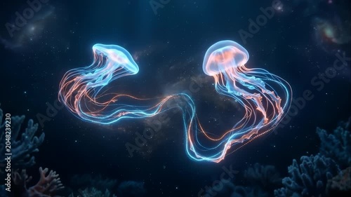 Glowing Jellyfish Swimming Through Deep Cosmic Underwater Space